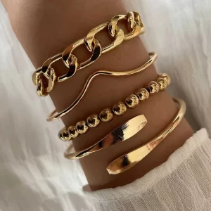 4pcs Simple Thick Women's Bracelets - Charming Gold Color - New