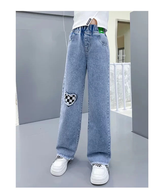 2024 Casual Style Jeans For Girl Teenage Clothes Elastic High Waist Denim Wide Leg Pants Spring Big Kids Straight Trousers 5-14Y - Image 2