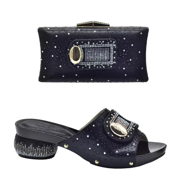 Black Color Italian Shoes and Bag Set Decorated Wit Rhinestone Nigerian Women Wedding Shoes and Bag Set African Party Shoes Bag - Image 2