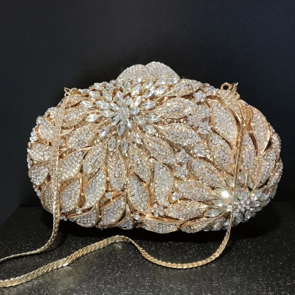 Gold metal leaves white crystals evening handbag women's handbag luxury rhinestone shape