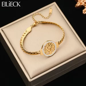 EILIECK 316L Stainless Steel Round Tree of Life Charm Bracelet