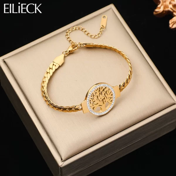 EILIECK 316L Stainless Steel Round Tree of Life Charm Bracelet