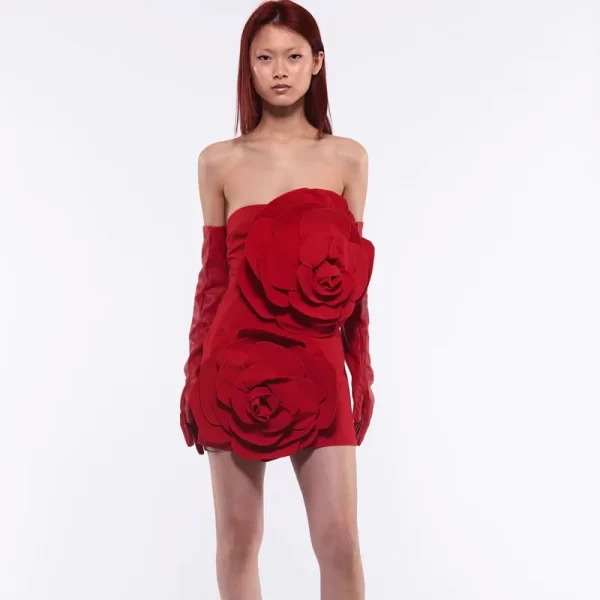 Fashionable women's solid color evening dress with high waisted temperament and three-dimensional large flower decoration dress