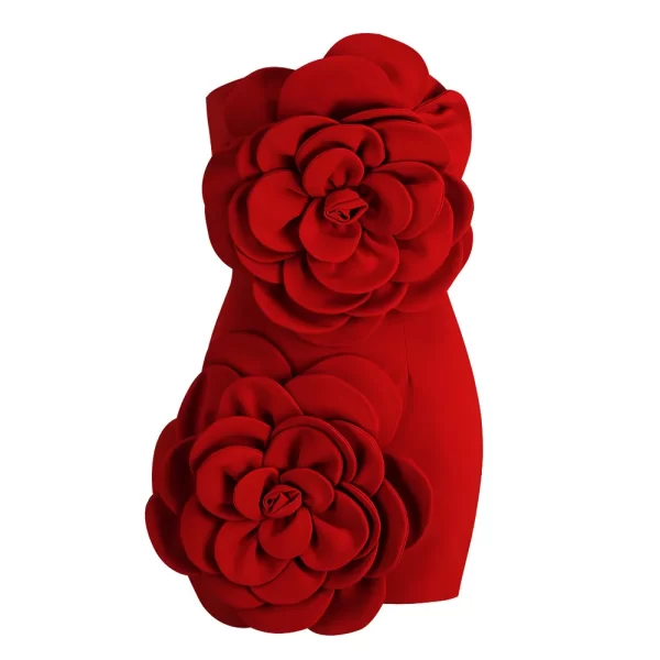 Fashionable women's solid color evening dress with high waisted temperament and three-dimensional large flower decoration dress - Image 3