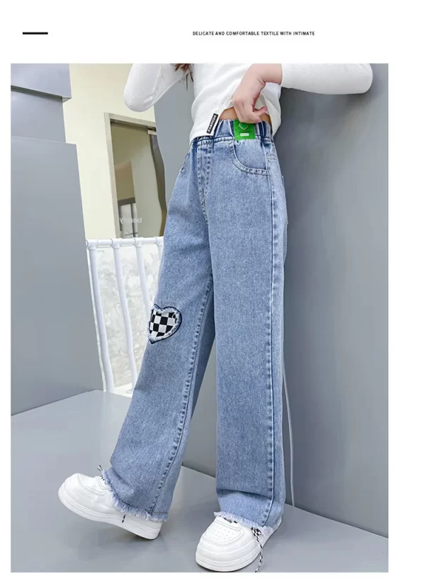 2024 Casual Style Jeans For Girl Teenage Clothes Elastic High Waist Denim Wide Leg Pants Spring Big Kids Straight Trousers 5-14Y - Image 4