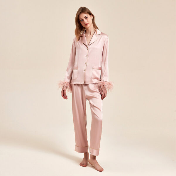 Removable Feather Ice Silk Pajamas Women Ostrich Feather Home Wear Suit - Image 6