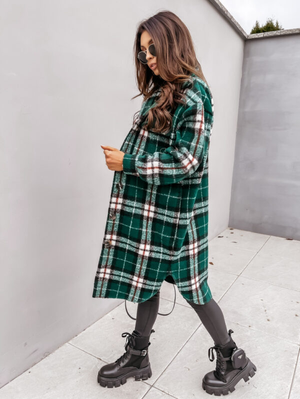 Button Lapel Casual Warm Plaid Long Woolen Coat - Image 3