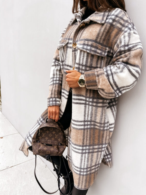 Button Lapel Casual Warm Plaid Long Woolen Coat - Image 8