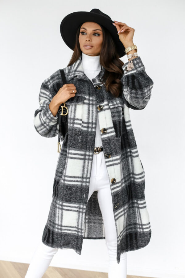 Button Lapel Casual Warm Plaid Long Woolen Coat - Image 10