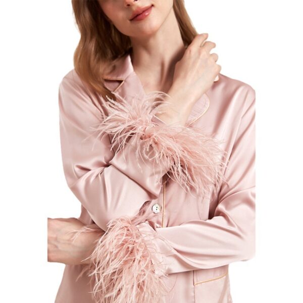 Removable Feather Ice Silk Pajamas Women Ostrich Feather Home Wear Suit - Image 2