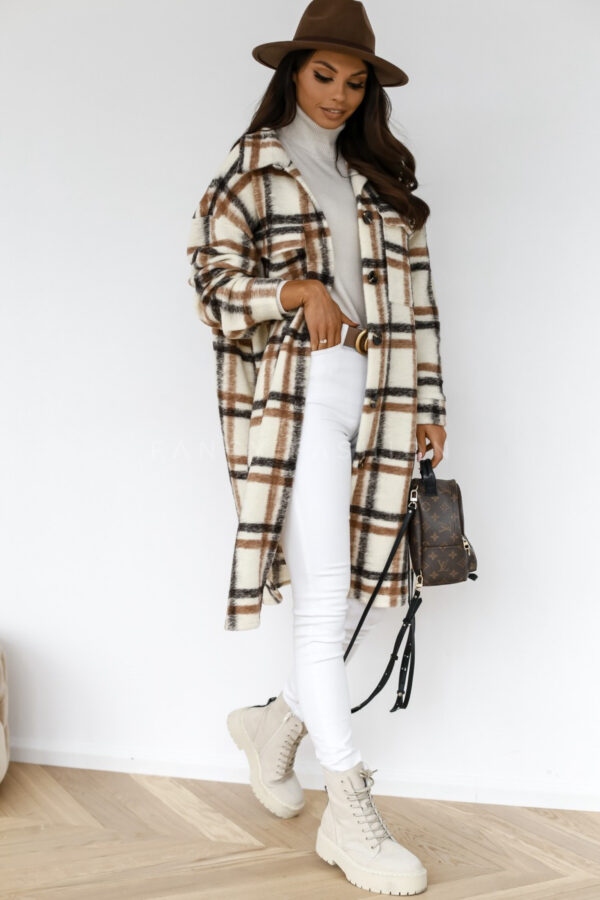 Button Lapel Casual Warm Plaid Long Woolen Coat - Image 9
