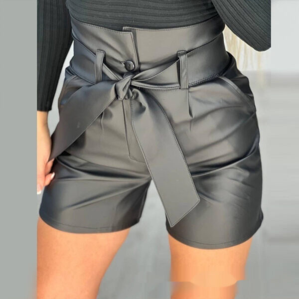 High Waist Black Strap Slim Fit Pu Shorts Belted - Image 4