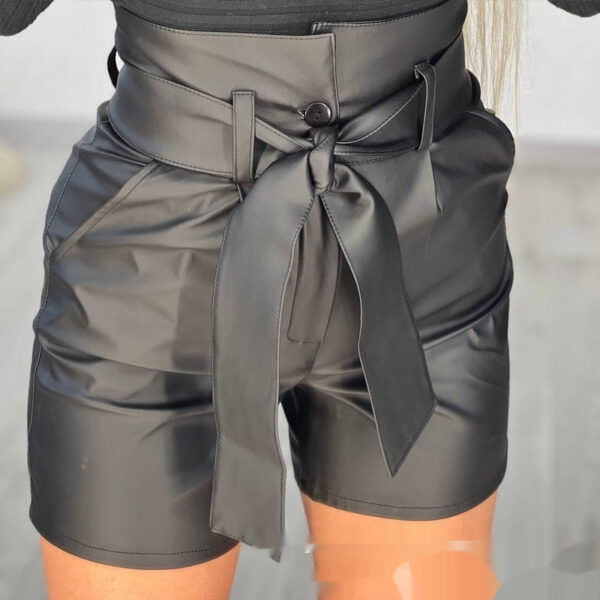 High Waist Black Strap Slim Fit Pu Shorts Belted - Image 2